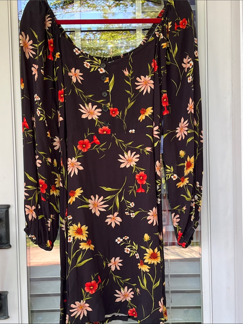 Hurley Black Floral Long Sleeve Mini Dress with Red & Yellow Flowers